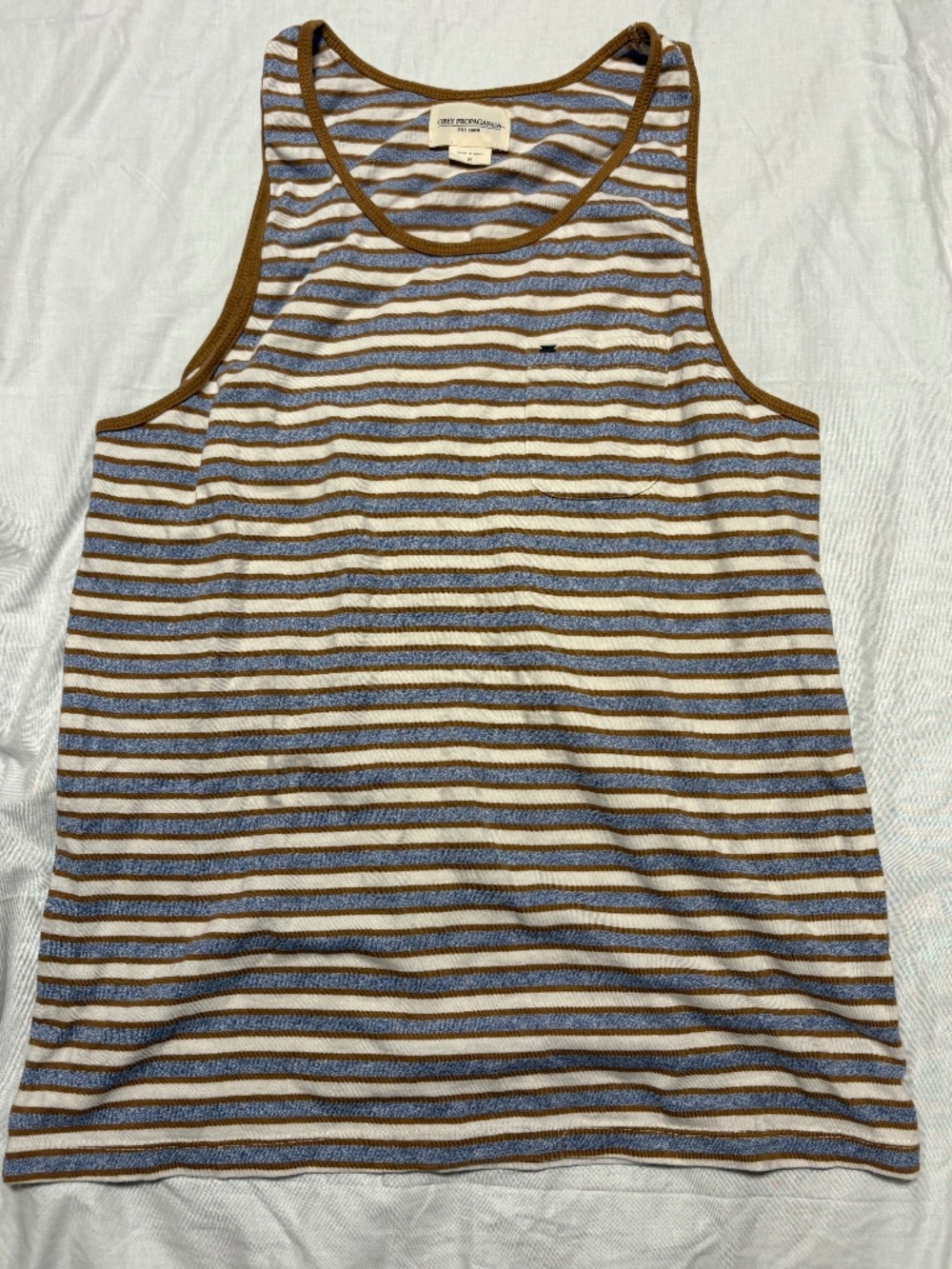 Y2K Obey Propaganda Striped Pocket Tank Top Shirt Medium Distressed Blue Brown